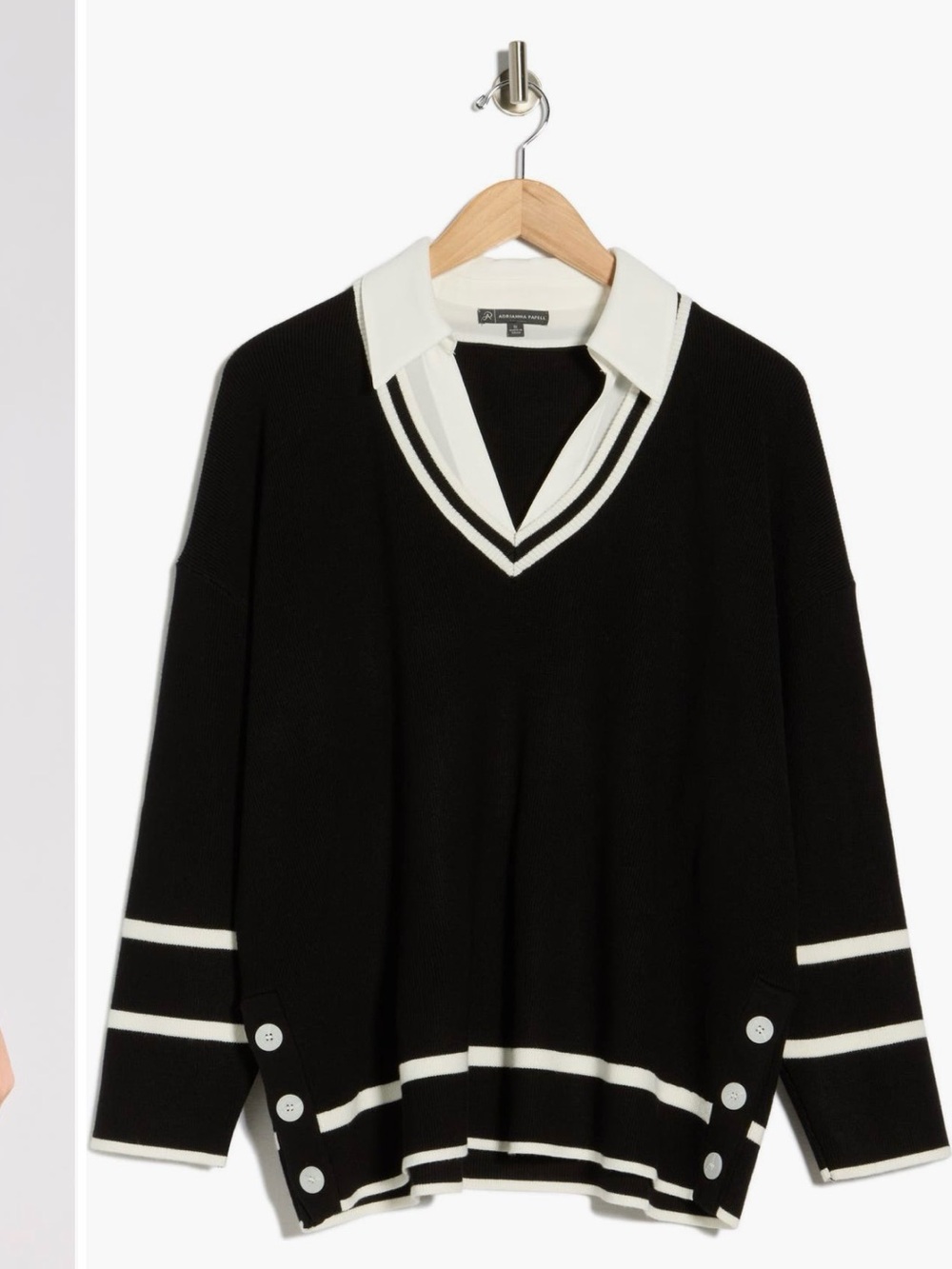 Adrianna Papell Black V-Neck Layered Sweater with White Stripes Size 1X - Picture 2 of 14